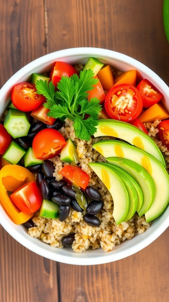 A colorful quinoa bowl with tomatoes, cucumber, bell pepper, black beans, and avocado on a wooden table.